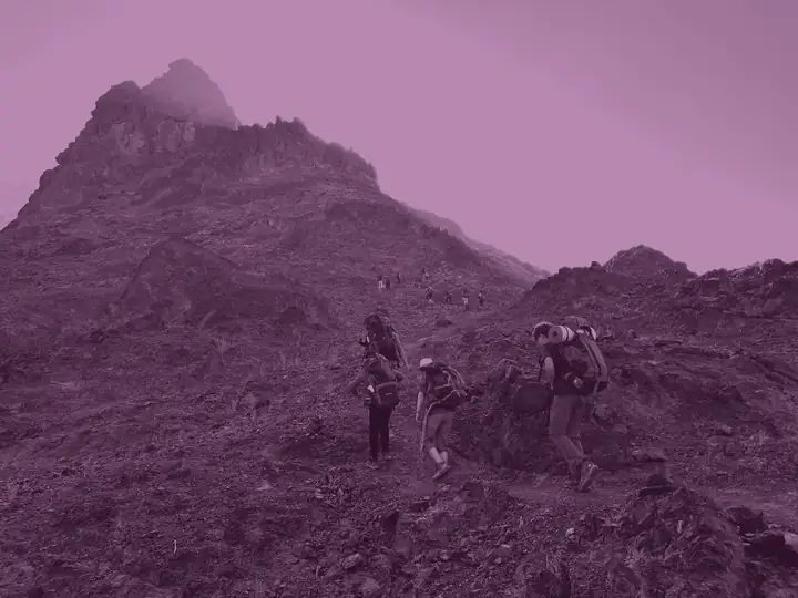 Climbers on a jagged ascent, washed in purple